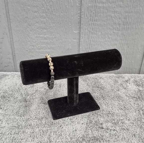 Dalmatian Jasper & Matte Black Gemstone Beaded Bracelet - Picture 1 of 6
